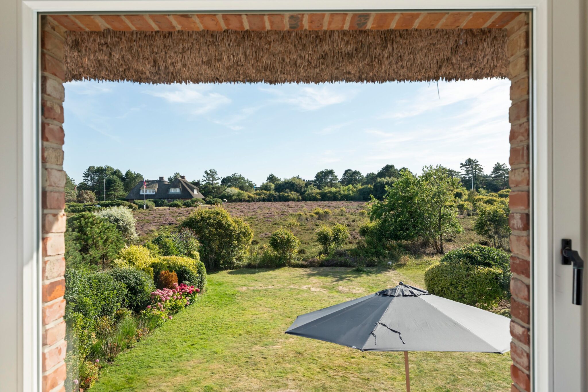 Blick in den Garten über die Heide